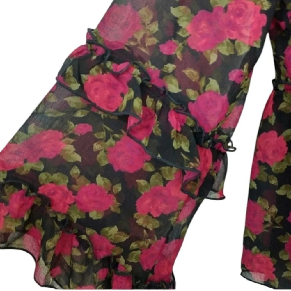 American Eagle Sheer Black & Red Floral Ruffle Peplum Top | Size L